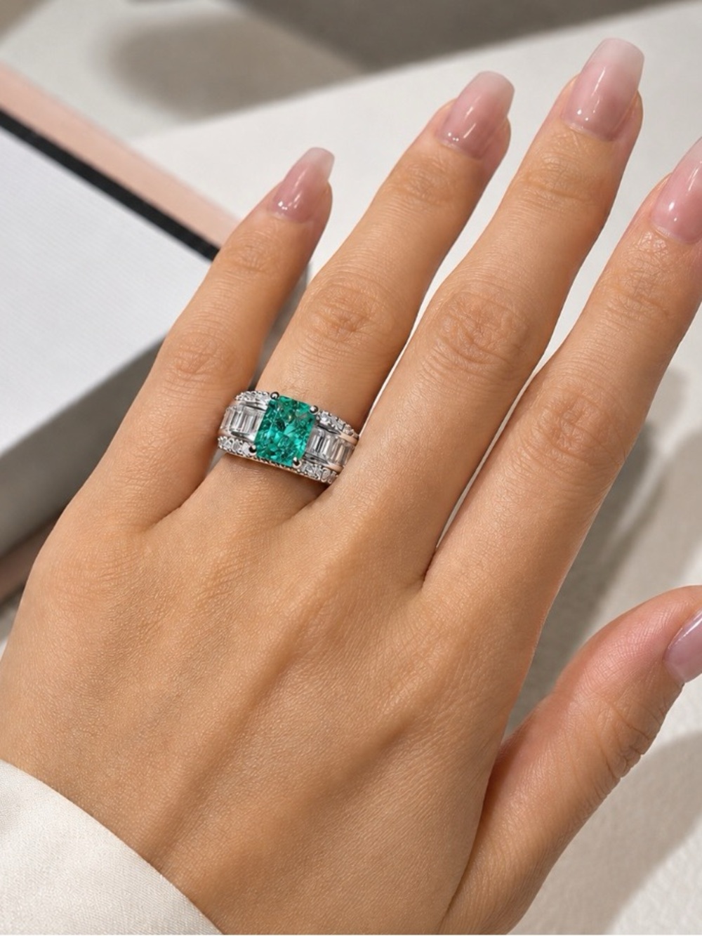 Stunning Emerald Cut Green Stone Cocktail Ring Size 7